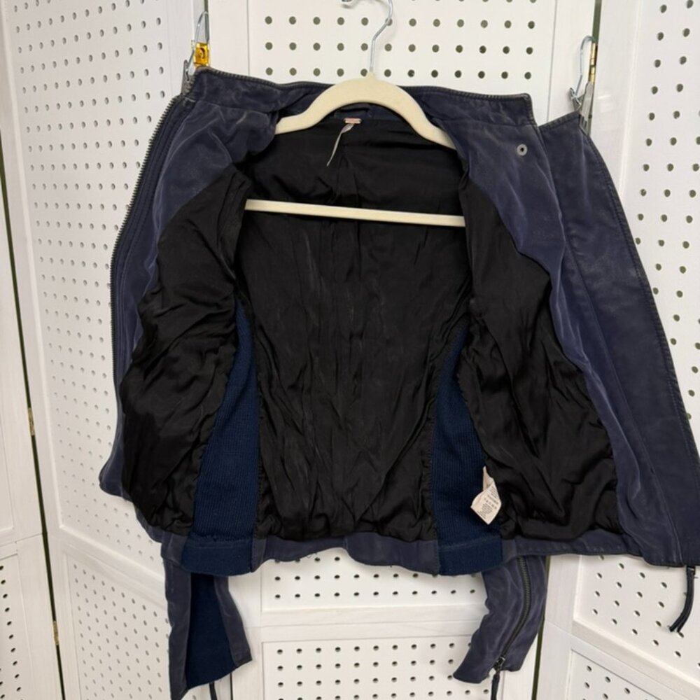 Free People Vegan Suede Moto Jacket Womens Size 6 Navy Bikercore Street Style FP - Picture 6 of 11
